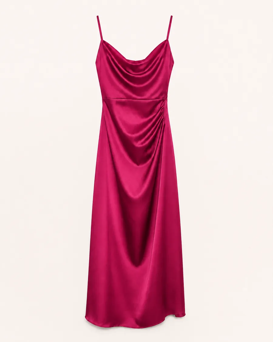 Raspberry color variant of the same satin dress